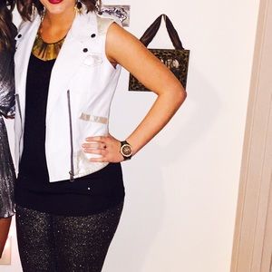 Off White and Metallic Leather Vest